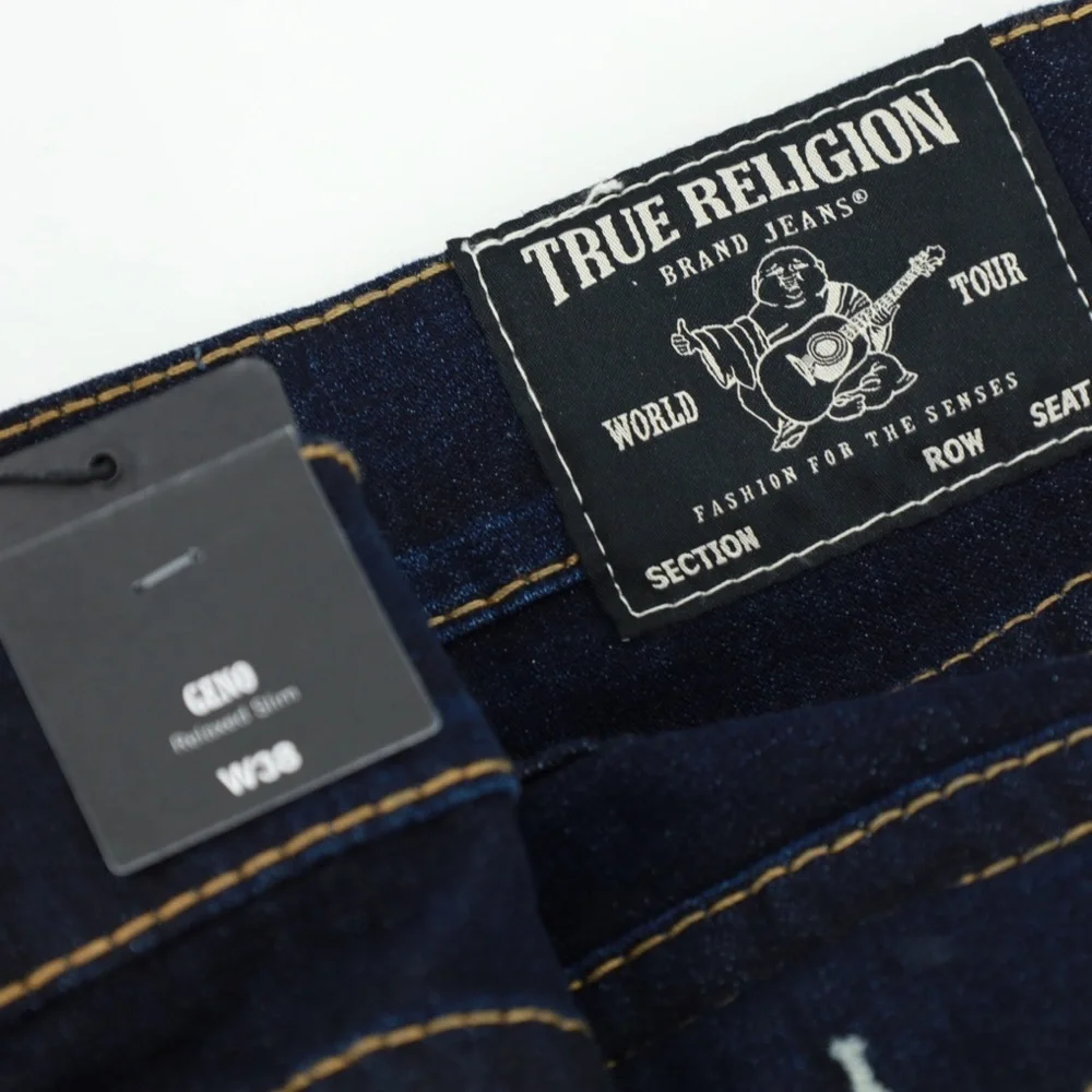 TRUE RELIGION RAZOR DARK RIPS‎ GENO FLAPS RELAXED SLIM JEANS